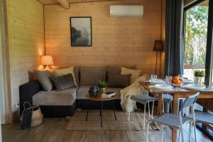 a living room with a couch and a table at Natura Domki Anastazewo in Anastazewo