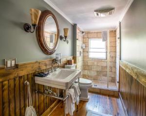 a bathroom with a sink and a toilet and a mirror at Hellbender Bed & Beverage in Blowing Rock +8 photos