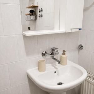 a bathroom sink with two rolls of toilet paper on it at Apartments Barocco in Golubac