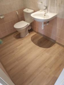 a bathroom with a toilet and a sink at Chata nad kúpaliskom in Kováčová +22 photos