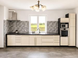 a kitchen with white cabinets and a sink and a window at Agroturystyka Pod Dębem in Czyżówek