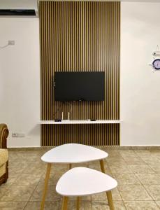 a living room with two chairs and a tv at Fusha Apartment in Velipojë