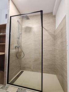 a shower with a glass door in a bathroom at Les toits du Lot in Villeneuve-sur-Lot +21 photos