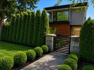a house with a gate and bushes at A&A Resident - Modern North Vancouver 2BR Suite in North Vancouver