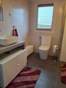 a bathroom with a sink and a toilet and a window at Ferienwohnung Anke Günther Dach in Bad Kissingen +13 photos
