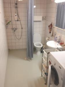 a bathroom with a shower and a toilet and a sink at Peace & Harmony in Espoo +14 photos