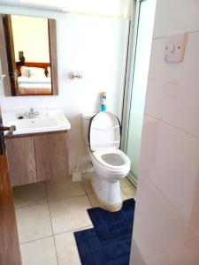 a bathroom with a toilet and a sink and a mirror at Churlinsky Apartments in Eldoret