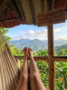 a pair of legs laying in a hammock overlooking mountains at Sierra Tayrona hostel in El Zaino