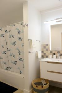 a bathroom with a shower and a sink at The View in French Village