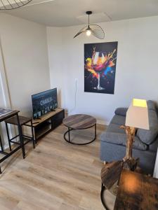 a living room with a couch and a tv at L'Escapade Chablisienne in Chablis