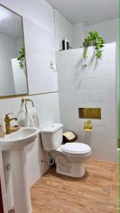 a bathroom with a toilet and a sink and a mirror at La Casa Rustica in Puerto Chicama +38 photos