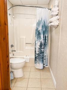 a bathroom with a toilet and a shower curtain with trees at Cedars Motel in Saint Ignace