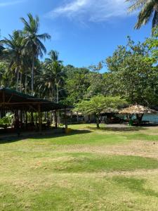 a park with grass and palm trees and a building at Ghia Boutique Homestay in Batuangus