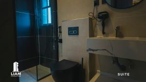 a bathroom with a shower and a toilet and a sink at Studio Apartment -LIAM Signature Akowonjo Egbeda in Akinde