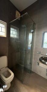 a bathroom with a shower and a toilet and a sink at SM residence in Lahore