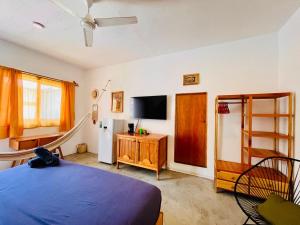 a bedroom with a blue bed and a tv at Costa Rentals Palmar & Wasi in Brisas de Zicatela