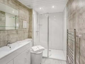 a bathroom with a shower and a toilet and a sink at Wagtail Cottage-Ukc6984 in Castleside +1 photo