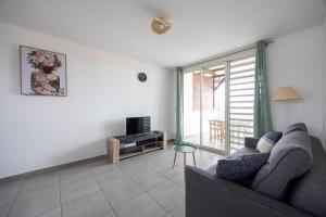 a living room with a couch and a television at Appartement bois de chaumes in Cayenne