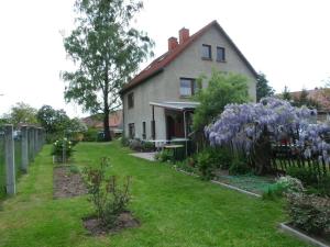 ein Haus mit einem Garten mit lila Blumen in der Unterkunft Ferienwohnung Wawrok in Pirna