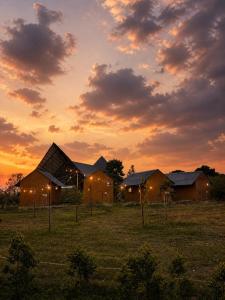 a group of barns in a field at sunset at The Lazymojo in Tāla