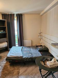 a bedroom with a bed and a table in it at Nuits Dijon Chambre in Dijon