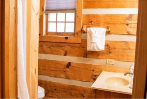 a bathroom with a sink and a window at Beary Cozy- Tiny Cabin Getaway! in Sevierville +2 photos