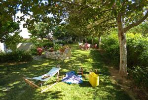 a yard with chairs and tables and a tree at Nereids Apartments in Sitia