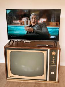a tv with a man on top of it at The Bach at One Tree Point in One Tree Point
