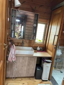 a bathroom with a sink and a mirror at Based Inn Okayama Kurashiki in Okayama