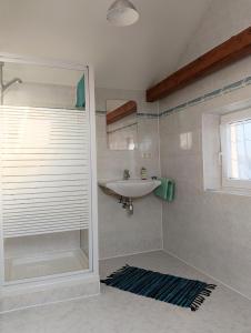 a bathroom with a sink and a shower at Gästezimmer in Diedorf