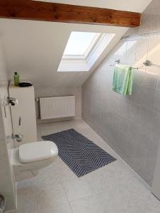a bathroom with a toilet and a skylight at Gästezimmer in Diedorf