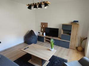 a living room with a coffee table and a tv at Apartma Metka Bovec in Bovec