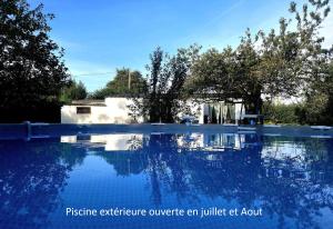 a swimming pool with the reflection of trees in the water at O' Coin du Beaufol in Assigny