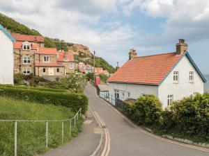 a street in a village with houses on a hill at Marigold Lodge in Saltburn-by-the-Sea