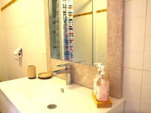 a bathroom sink with a mirror and a bottle of soap at Chez Béa in Pleumartin