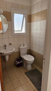 a bathroom with a toilet and a sink and a window at Villa Caesar in Ayia Napa +11 photos