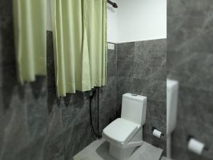 a bathroom with a toilet and a green shower curtain at Galpothuyaya Eco Lodge Kandalama in Dambulla +51 photos