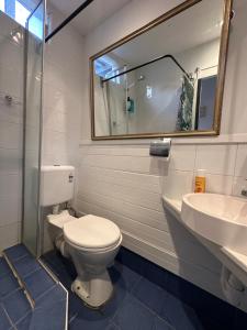 a bathroom with a toilet and a sink and a mirror at Manly Beach Studio in Sydney +14 photos