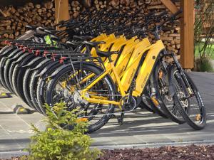 a row of yellow bikes parked next to each other at Dolina Biebrzy - Siedlisko Wroceń 57 in Wroceń