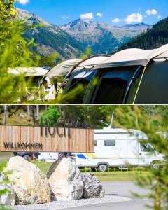 a collage of two pictures of a rv and a sign at Camping HOCHoben - ONLY EMPTY LOTS in Mallnitz