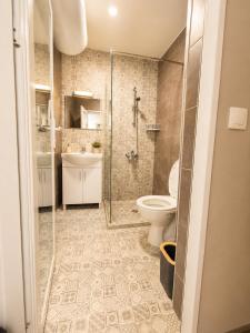 a bathroom with a shower and a toilet and a sink at Maxi 2 parking included in Sofia