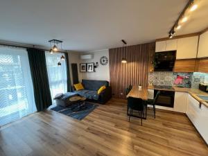 a kitchen and living room with a couch and a table at Apartament Calisia in Kalisz