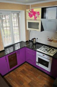 a kitchen with purple cabinets and a stove at Apartment on Peace Avenue 84 in Mariupol