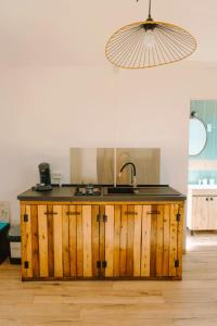 a kitchen counter with a sink and a lamp at La batisse du Champ Manneret Maison d'hôte Falaise - logement entier in Falaise