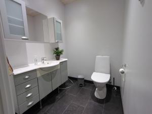 a white bathroom with a toilet and a sink at Kuivasjärvi House in Oulu +9 photos