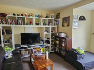 a living room with a couch and a television at Nad's Guest house in Motherwell