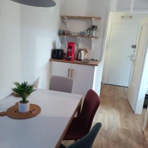 a kitchen with a table and chairs with a plant on it at Appartement Vignec proche Saint-Lary in Vignec +2 photos