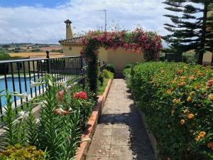 a garden with a bunch of flowers and a fence at Casa La Laguneta in Arcos de la Frontera