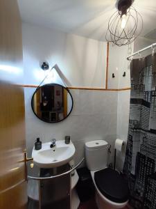 a bathroom with a sink and a toilet and a mirror at El Torreón in Valderredible