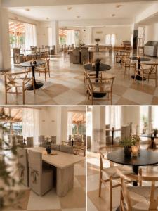four different views of a room with tables and chairs at Regina Hotel in Kissamos